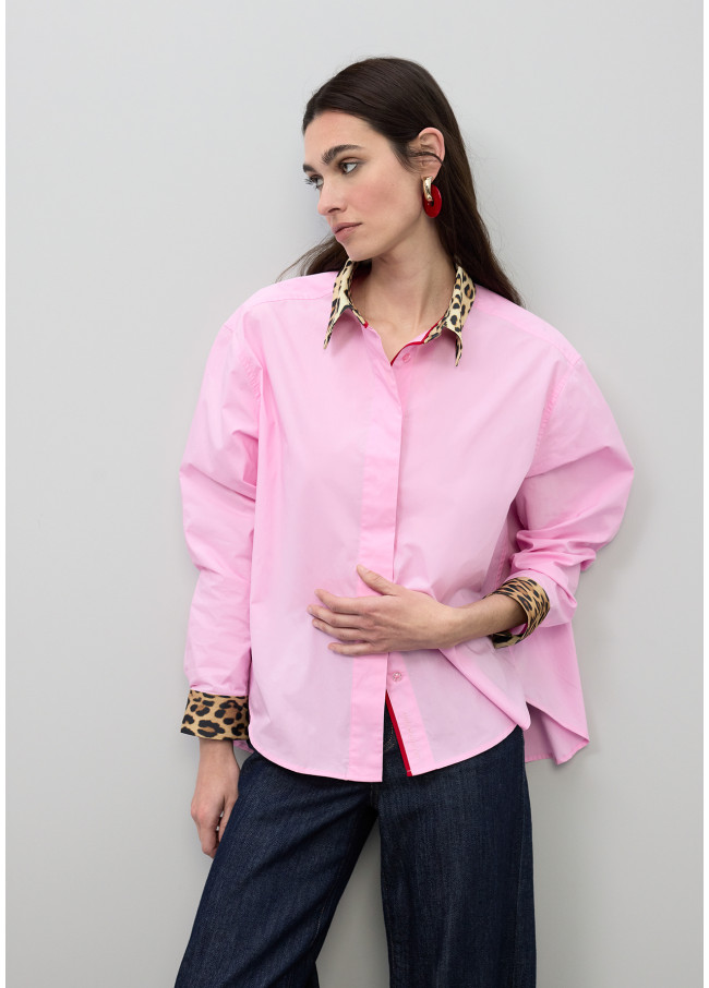 Poplin Shirt with Animal Print Contrasting Cuffs