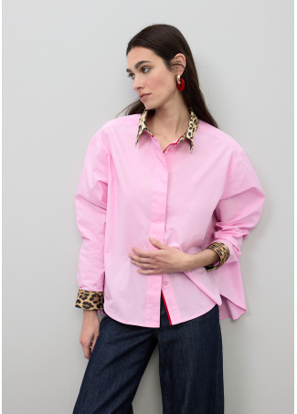 Poplin Shirt with Animal Print Contrasting Cuffs