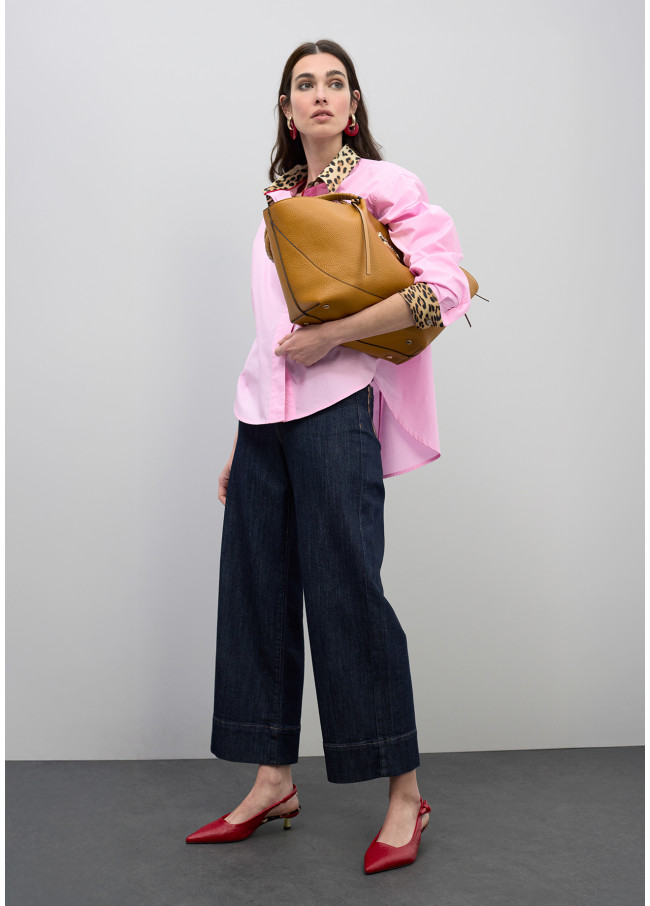 Poplin Shirt with Animal Print Contrasting Cuffs