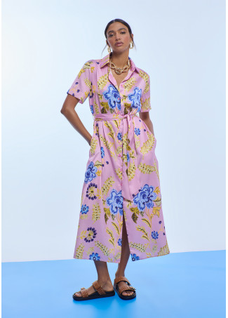 Satin Shirt Dress with Short Sleeves Floral Print