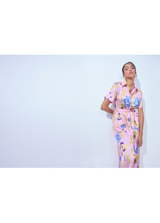 Robe Chemisier Satinée Manches Courtes Imprimé Fleuri