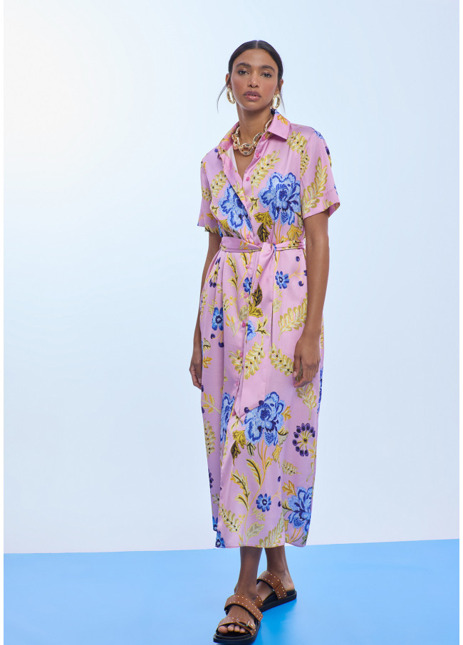 Vestido satinado camisero estampado flores