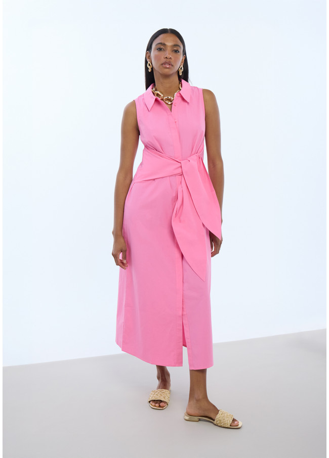 Robe chemise en popeline sans manches avec nœud