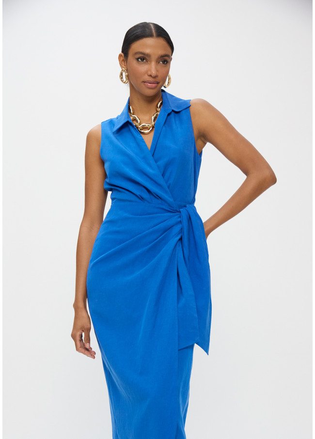 Linen Dress with Shirt Collar and Side Knot