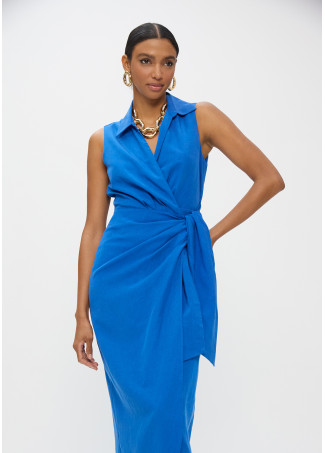 Linen Dress with Shirt Collar and Side Knot