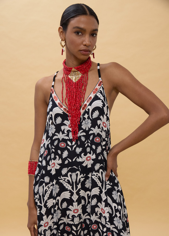 Long Ethnic Print Dress with Straps