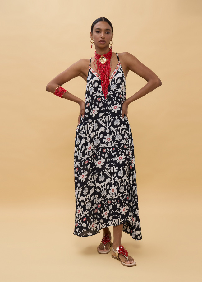 Long Ethnic Print Dress with Straps