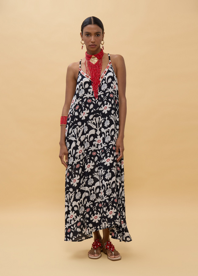 Long Ethnic Print Dress with Straps