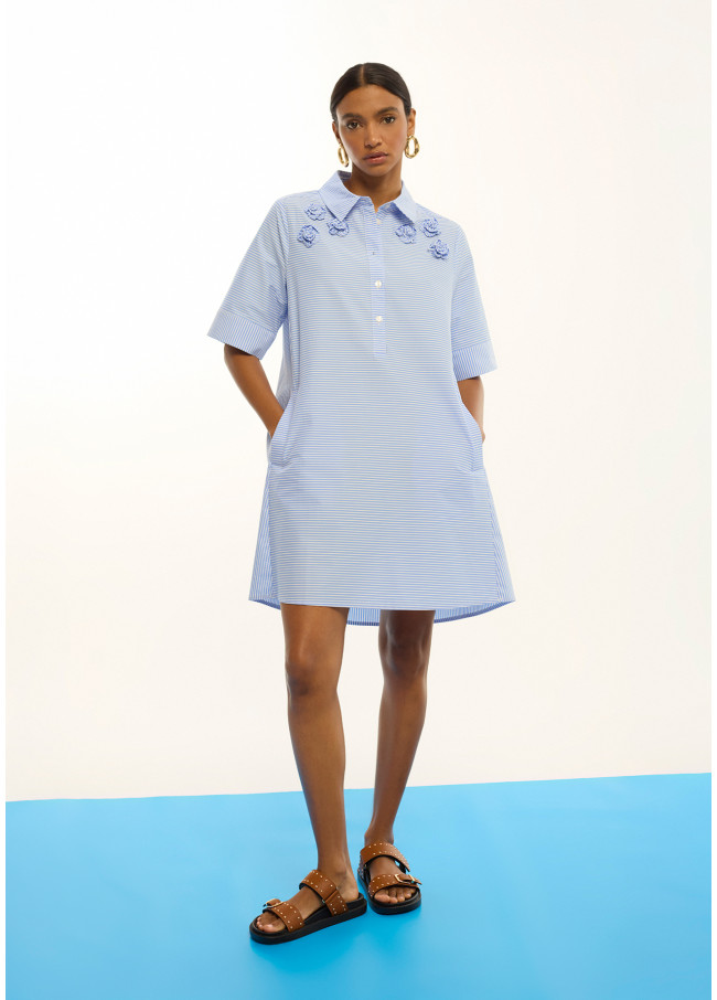 Short Embroidered Floral Striped Poplin Dress