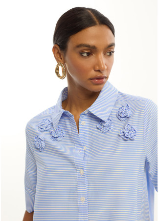 Robe courte en popeline rayée à fleurs brodées