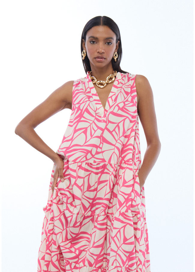 Leaf Print Volume Dress V-Neck