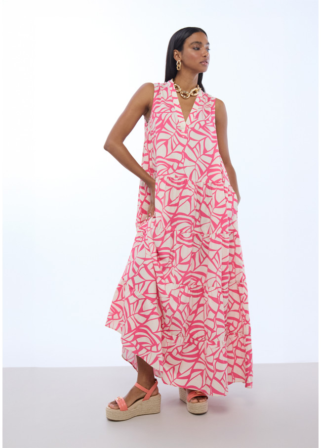 Robe Volumineuse à Imprimé Feuille Col en V