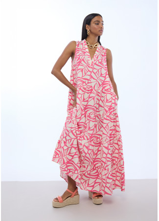 Leaf Print Volume Dress V-Neck