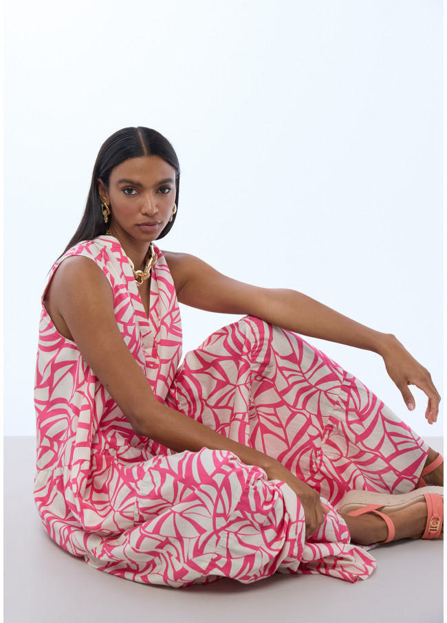 Leaf Print Volume Dress V-Neck