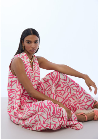 Leaf Print Volume Dress V-Neck