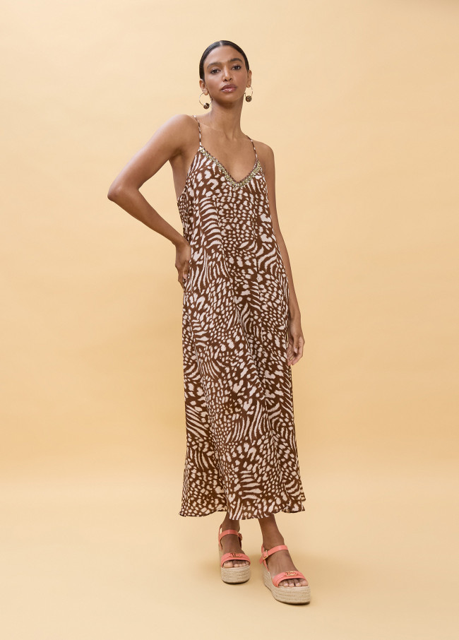 Long Dress Strappy Stain Print