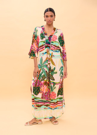 Robe Longue Manches Larges Imprimé Palmier Multicolore