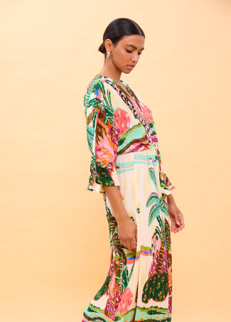Robe Longue Manches Larges Imprimé Palmier Multicolore