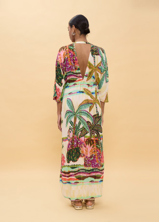 Robe Longue Manches Larges Imprimé Palmier Multicolore