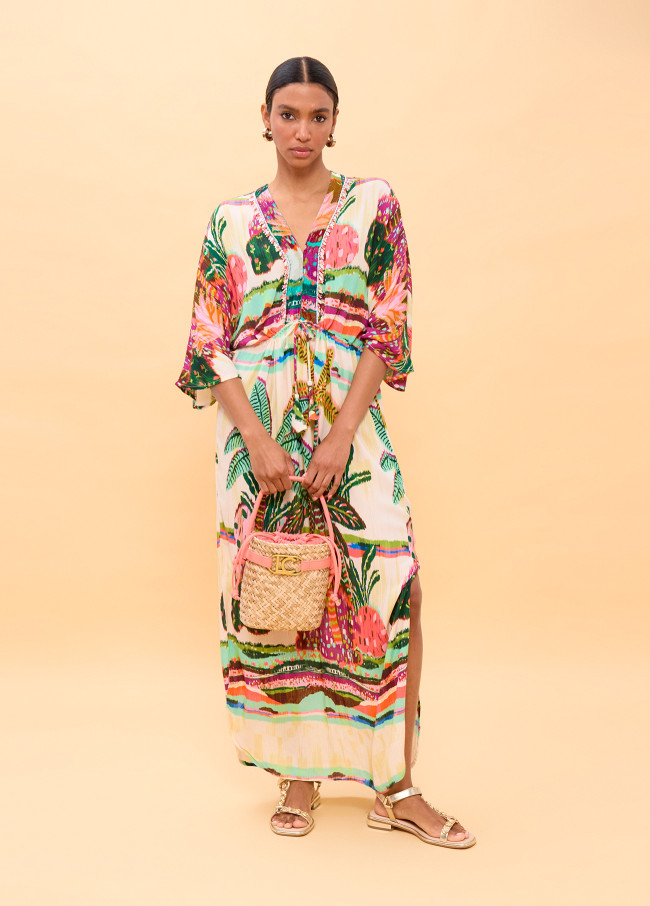Robe Longue Manches Larges Imprimé Palmier...
