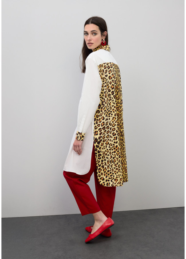 Popelin-Bluse mit Animal Print Kontrast