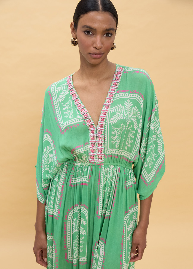 Long Dress with Wide Sleeves Thai Print