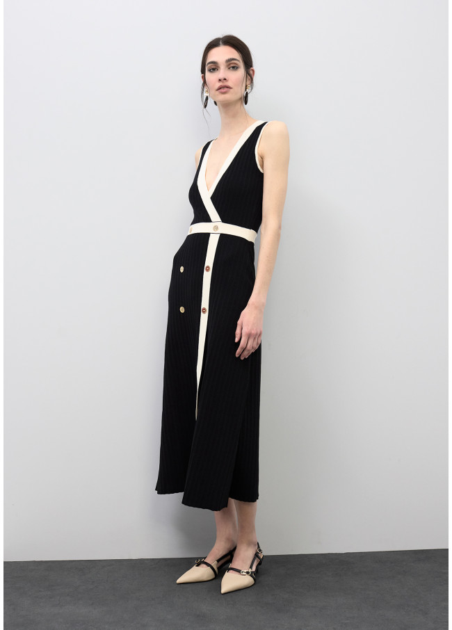 Kontrast Midi-Kleid mit V-Ausschnitt