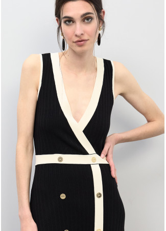 Vestido midi escote pico contraste