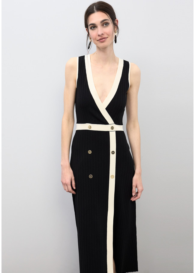 Robe Midi Col V Contrasté