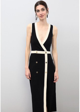 Robe Midi Col V Contrasté
