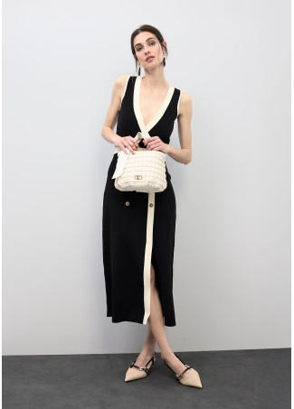 Kontrast Midi-Kleid mit V-Ausschnitt