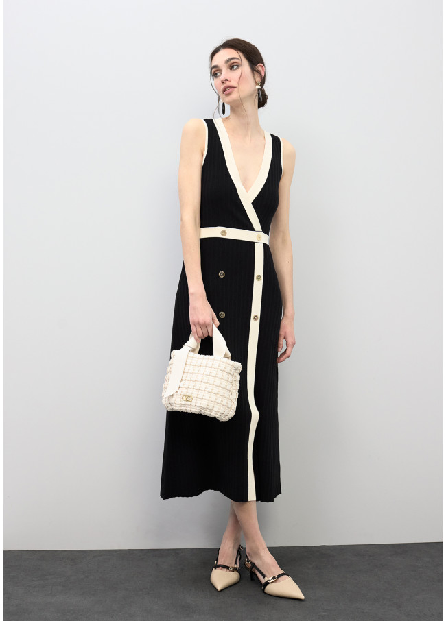 Abito Midi Scollo a V a Contrasto