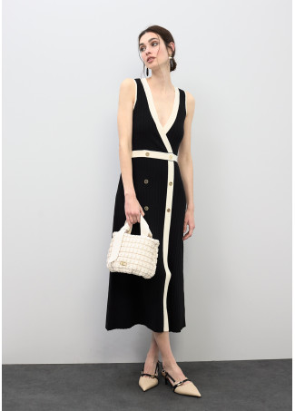 Abito Midi Scollo a V a Contrasto