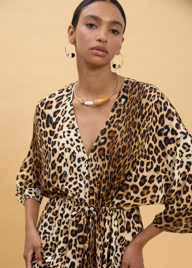 Robe Longue à Manches Larges Imprimé Animal