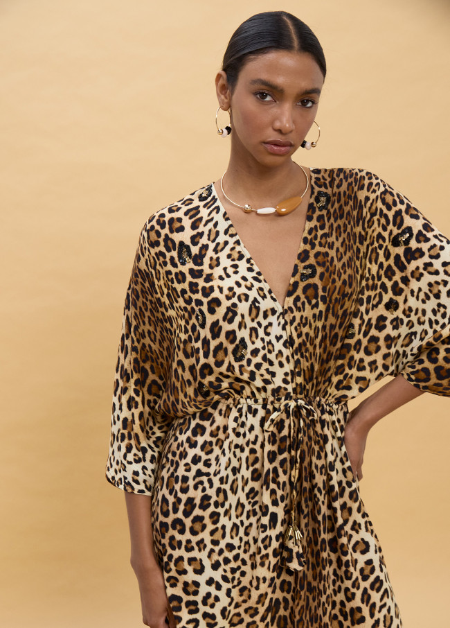 Robe Longue à Manches Larges Imprimé Animal