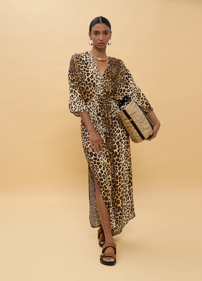 Robe Longue à Manches Larges Imprimé Animal