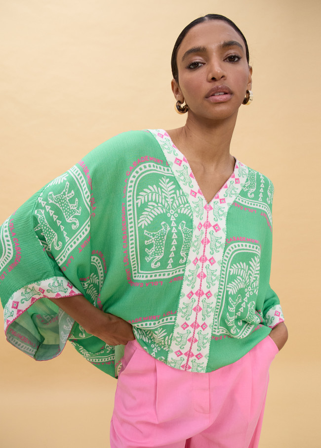 Printed Short Sleeve Tunic with V-Neck