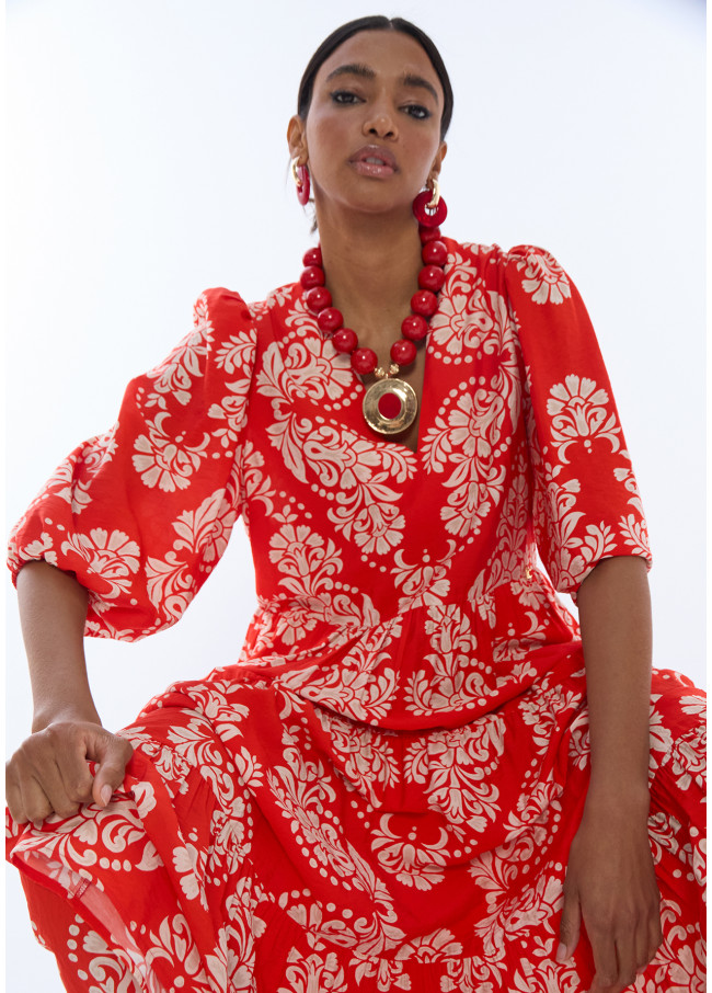 Robe à col en V manches bouffantes Paisley