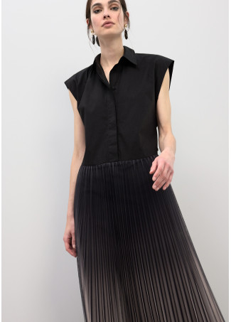 Vestido Gola de Camisa com Saia Plissada de Tule