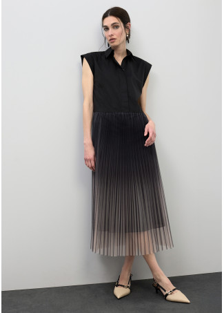Shirt Collar Dress with Pleated Tulle Skirt