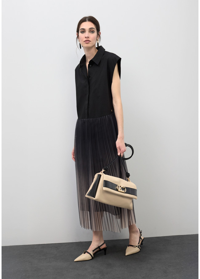 Robe Col Chemise avec Jupe Plissée en Tulle