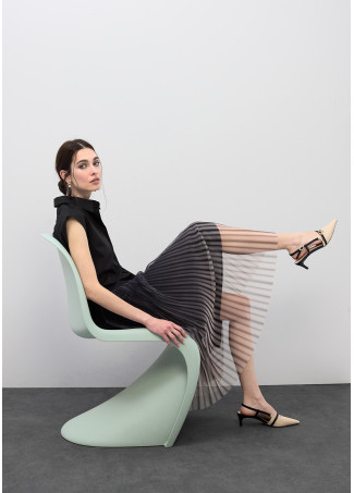 Robe Col Chemise avec Jupe Plissée en Tulle