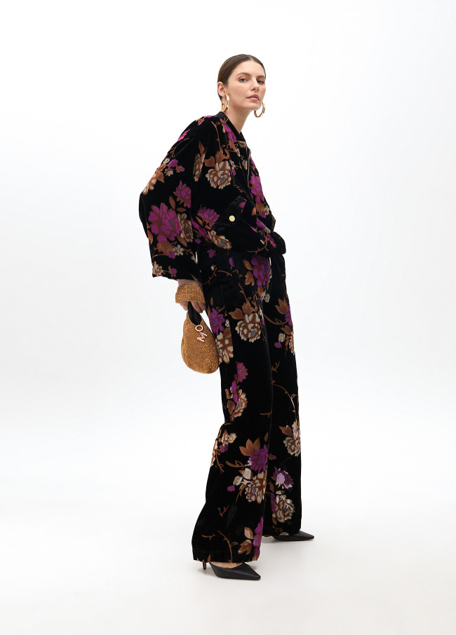 Floral print devoré velvet bomber jacket