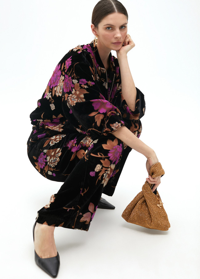 Floral bedruckter Devoré Samt Bomber