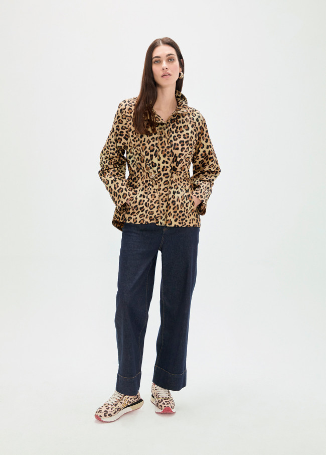 Technical Short Parka with Animal Print Hood