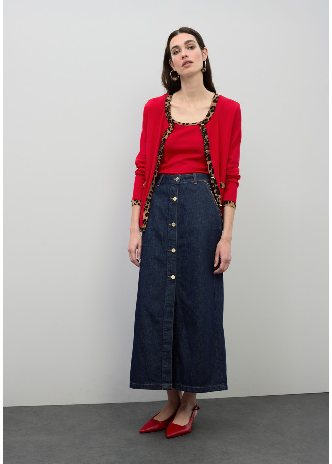 Long Denim Skirt with Leopard Trim Details on...
