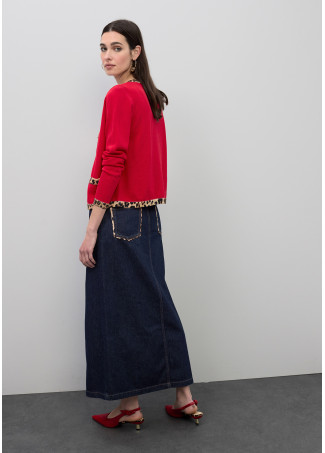 Langer Jeansrock mit Leopardenbesatz Details an den Taschen