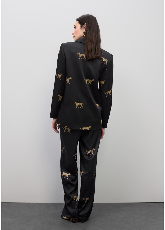 Pantaloni a pieghe in raso con stampa leopardo