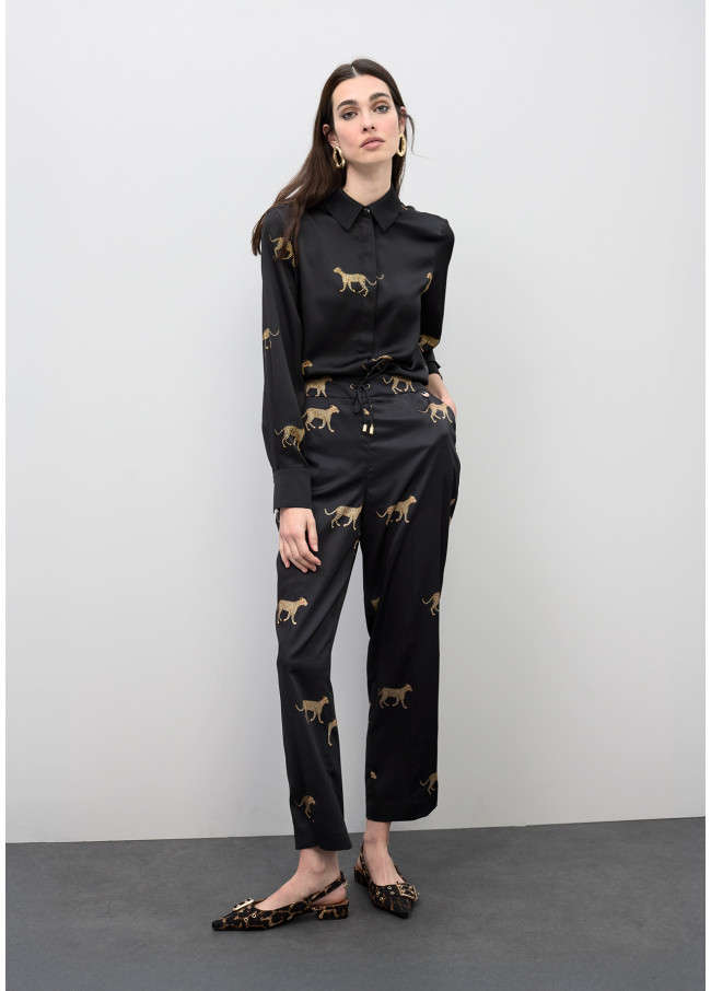 Pantalon plissé satin imprimé léopard