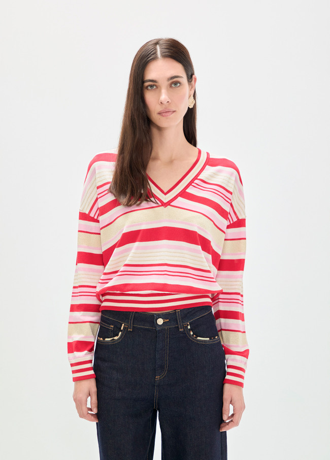 V-neck Tricolor Striped Sweater